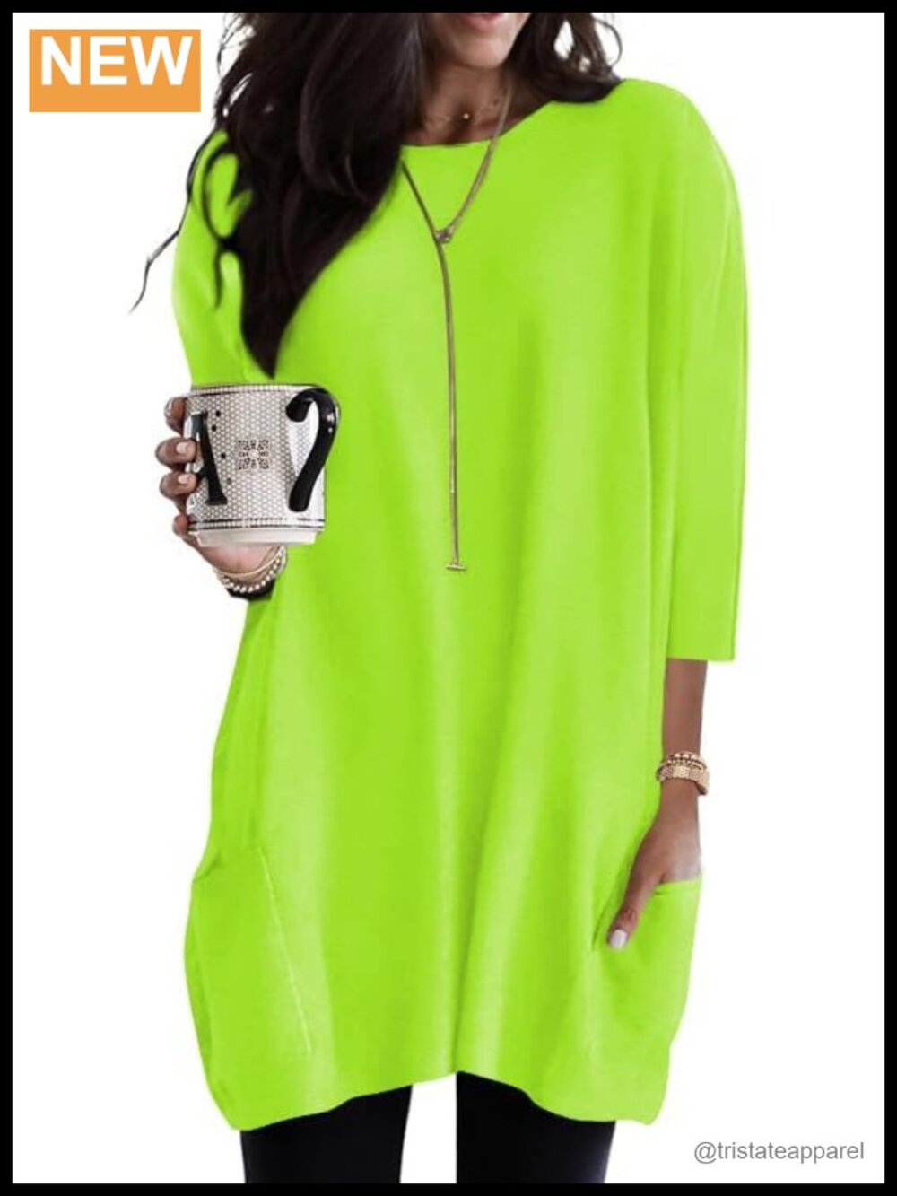 Womens 3/4 Sleeve Tunic Top Loose Fit Round Neck Pullover